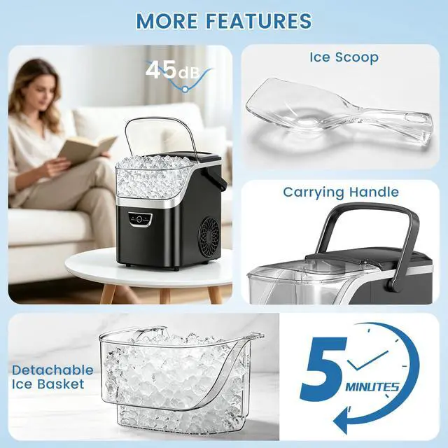 Alt view image 7 of 7 - Nugget Ice Maker Countertop,34Lbs/24H,Ready in 5 Mins,Black | Ice Machine with Handle, Auto-Cleaning Portable Pebble Ice Maker, Removable Top Cover, Basket & Scoop for Home Kitchen RV
