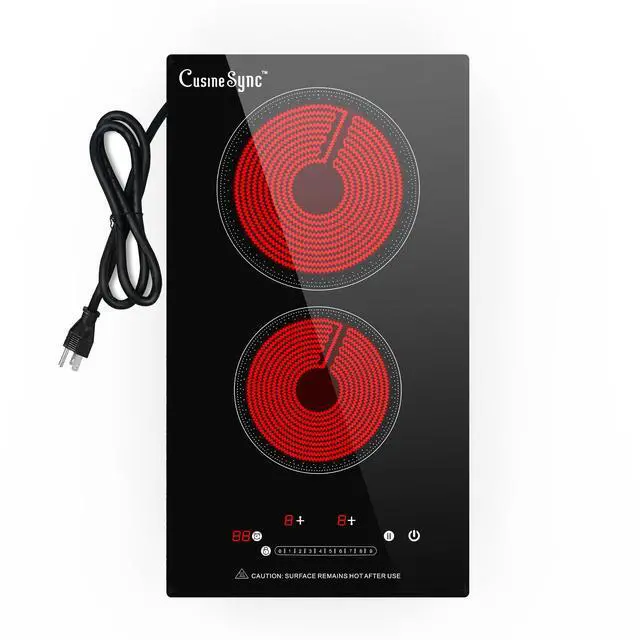 Main image of 2 Burner Electric Cooktop, 12-Inch 110-120V Plug-In, Countertop or Built-In | 12-inch radiant ceramic cooktop with 110-120V plug-in power, touch control, timer, and 2 installation options