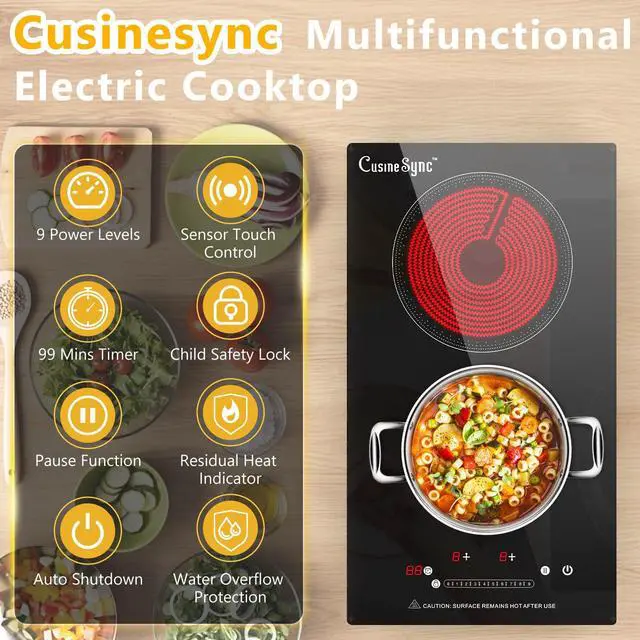 Alt view image 3 of 7 - 2 Burner Electric Cooktop, 12-Inch 110-120V Plug-In, Countertop or Built-In | 12-inch radiant ceramic cooktop with 110-120V plug-in power, touch control, timer, and 2 installation options