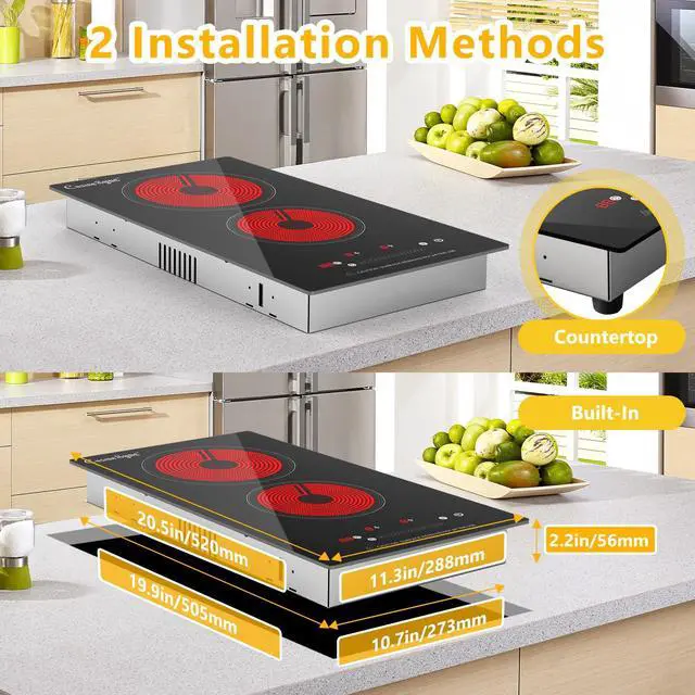 Alt view image 2 of 7 - 2 Burner Electric Cooktop, 12-Inch 110-120V Plug-In, Countertop or Built-In | 12-inch radiant ceramic cooktop with 110-120V plug-in power, touch control, timer, and 2 installation options