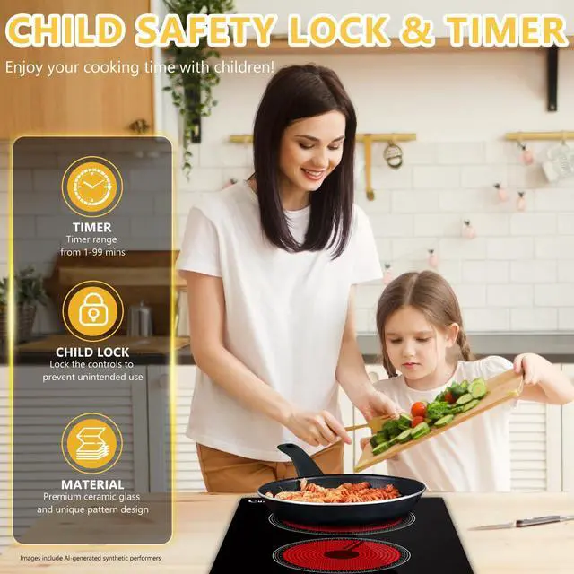 Alt view image 4 of 7 - 2 Burner Electric Cooktop, 12-Inch 110-120V Plug-In, Countertop or Built-In | 12-inch radiant ceramic cooktop with 110-120V plug-in power, touch control, timer, and 2 installation options
