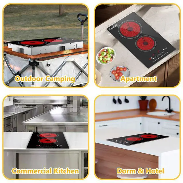 Alt view image 6 of 7 - 2 Burner Electric Cooktop, 12-Inch 110-120V Plug-In, Countertop or Built-In | 12-inch radiant ceramic cooktop with 110-120V plug-in power, touch control, timer, and 2 installation options