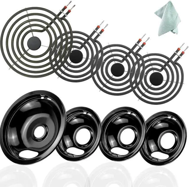 Main image of Electric Stove Top Burner Covers & Stove Element Replacement for A-mana May-tag Whirl-pool Electric Stove, 1 Large 8-Inch & 3 Small 6-Inch Black Porcelain Drip Pans and Burner Element by