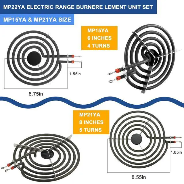 Alt view image 3 of 6 - Electric Stove Top Burner Covers & Stove Element Replacement for A-mana May-tag Whirl-pool Electric Stove, 1 Large 8-Inch & 3 Small 6-Inch Black Porcelain Drip Pans and Burner Element by