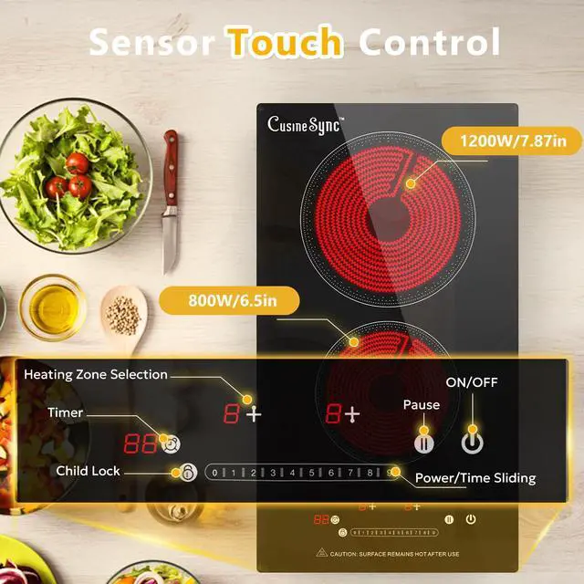 Alt view image 7 of 7 - 2 Burner Electric Cooktop, 12-Inch 110-120V Plug-In, Countertop or Built-In | 12-inch radiant ceramic cooktop with 110-120V plug-in power, touch control, timer, and 2 installation options