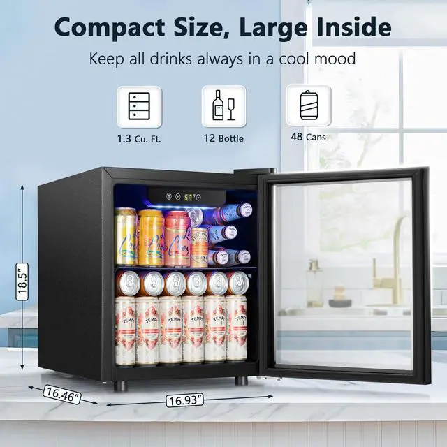 Alt view image 2 of 7 - 48 Can Mini Fridge Cooler - Beverage Refrigerator Black Glass Door for Beer Soda or Wine, Small Drink Dispenser Machine Electronic Temperature Control for Home, Office or Bar, 1.3cu.ft