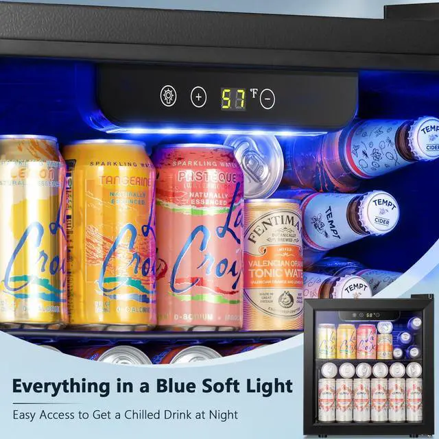 Alt view image 4 of 7 - 48 Can Mini Fridge Cooler - Beverage Refrigerator Black Glass Door for Beer Soda or Wine, Small Drink Dispenser Machine Electronic Temperature Control for Home, Office or Bar, 1.3cu.ft
