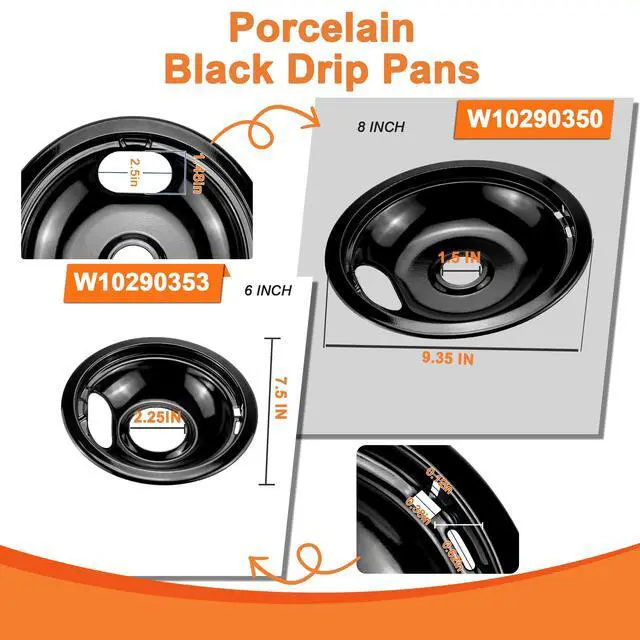 Alt view image 4 of 7 - Porcelain Drip Pan & MP22YA Stove Burner Fit for Amana Whirlpool Stove | Include 2 x 6" & 2 x 8" W10288051 Black Stove Drip Pans & Electric Stove Element by, Easy-clean Stove Burner Cover