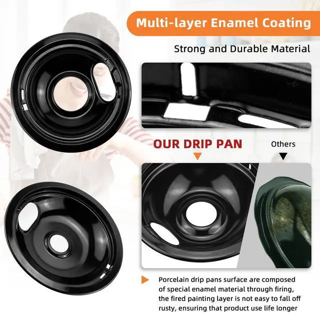 Alt view image 5 of 7 - Porcelain Drip Pan & MP22YA Stove Burner Fit for Amana Whirlpool Stove | Include 2 x 6" & 2 x 8" W10288051 Black Stove Drip Pans & Electric Stove Element by, Easy-clean Stove Burner Cover