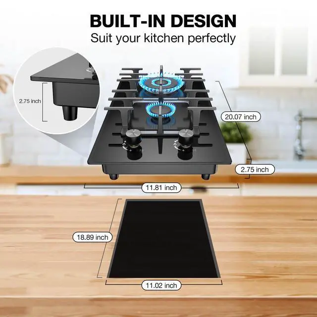 Alt view image 2 of 7 - 2 Burner Gas Stove Propane Cooktop, Tempered Glass Gas Cooktop 12 inch Stainless Steel Propane Burner with Thermocouple Protection, Lpg/Ng Dual Fuel Built-in Stove Top for Apartments, Rvs