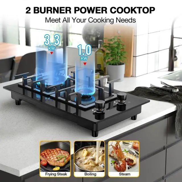 Alt view image 4 of 7 - 2 Burner Gas Stove Propane Cooktop, Tempered Glass Gas Cooktop 12 inch Stainless Steel Propane Burner with Thermocouple Protection, Lpg/Ng Dual Fuel Built-in Stove Top for Apartments, Rvs
