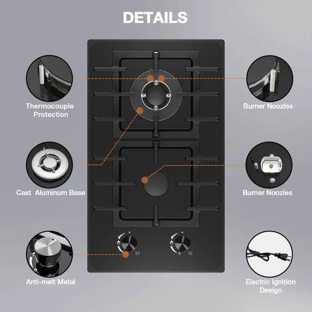 Alt view image 5 of 7 - 2 Burner Gas Stove Propane Cooktop, Tempered Glass Gas Cooktop 12 inch Stainless Steel Propane Burner with Thermocouple Protection, Lpg/Ng Dual Fuel Built-in Stove Top for Apartments, Rvs