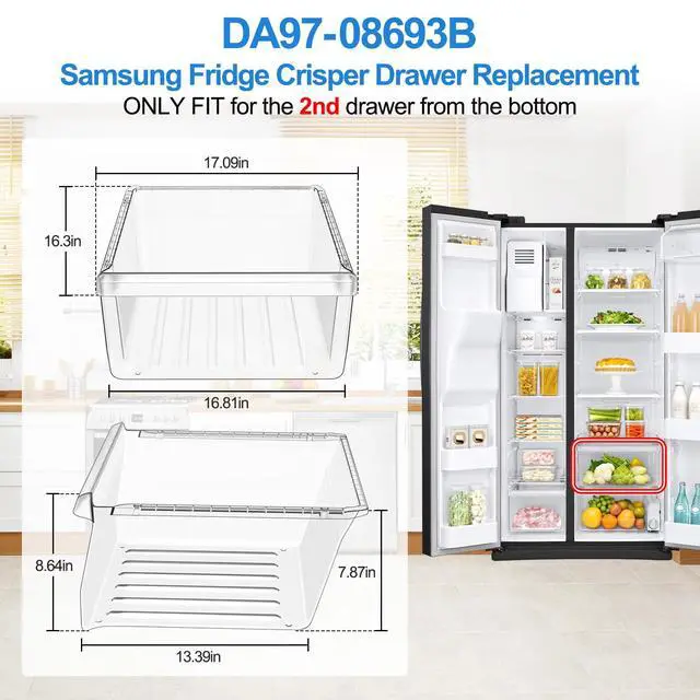 Alt view image 3 of 7 - Upgraded DA97-08693B Refrigerator Crisper Drawer Compatible with Samsung Refrigerator Drawers Replacement Parts DA97-08693A Crisper Drawer Bins RS25J500DSR RS261MDRS RS25J500DSG Samsung Fridge Drawer