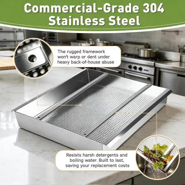Alt view image 4 of 7 - Commercial Pre Rinse Basket for Restaurant Sink 19 3/8" x 19 3/8" x 3.5" Heavy Duty Stainless Steel Pre Rinse Basket with Slides for Dishwashing Station Kitchen Scrap Food Waste Strainer