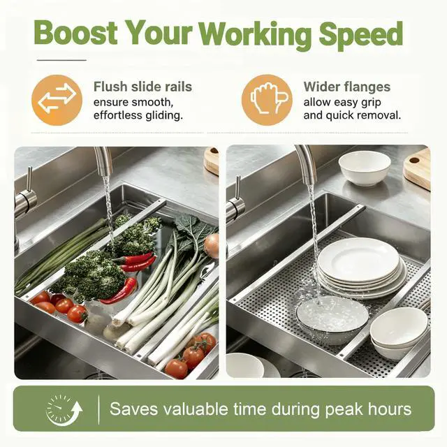 Alt view image 5 of 7 - Commercial Pre Rinse Basket for Restaurant Sink 19 3/8" x 19 3/8" x 3.5" Heavy Duty Stainless Steel Pre Rinse Basket with Slides for Dishwashing Station Kitchen Scrap Food Waste Strainer