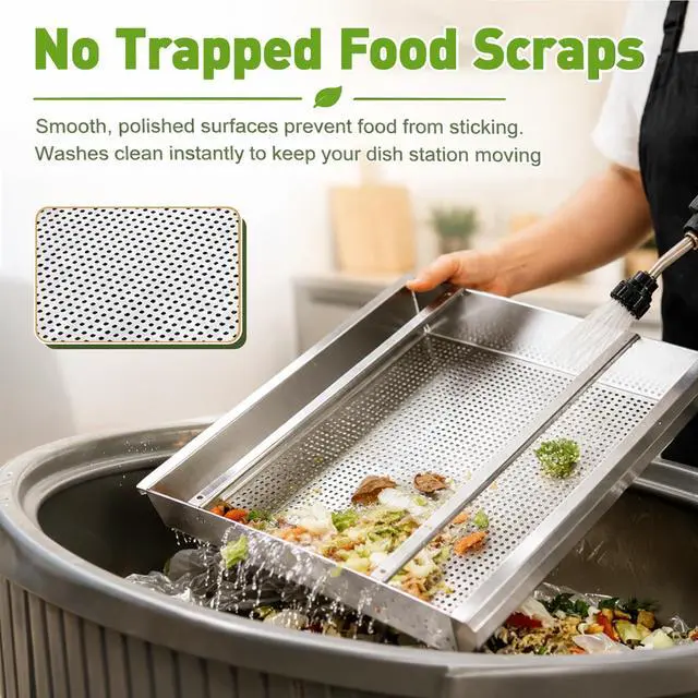 Alt view image 6 of 7 - Commercial Pre Rinse Basket for Restaurant Sink 19 3/8" x 19 3/8" x 3.5" Heavy Duty Stainless Steel Pre Rinse Basket with Slides for Dishwashing Station Kitchen Scrap Food Waste Strainer