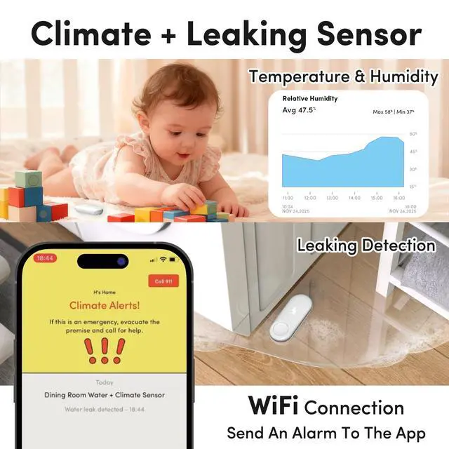 Alt view image 2 of 7 - Kangaroo Water Leak Detector+Climate Sensor,Hygrometer Thermometer with App Notifications,Wireless 2.4G WiFi,Humidity Temperature Alarm,for Home, Basement, Kitchen,Washroom,Bedroom3 Pack