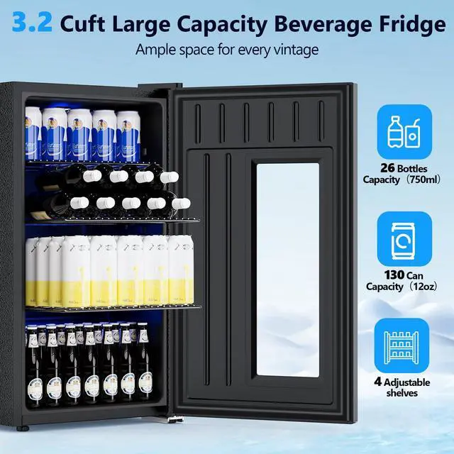 Alt view image 2 of 7 - 3.2 Cu. Ft. Beverage Refrigerator, 130-Can Beer Cooler with Digital Temperature Control (20°F50°F), Glass Door, Adjustable Shelves, LED Lighting, for Home, Office & Bar, Black