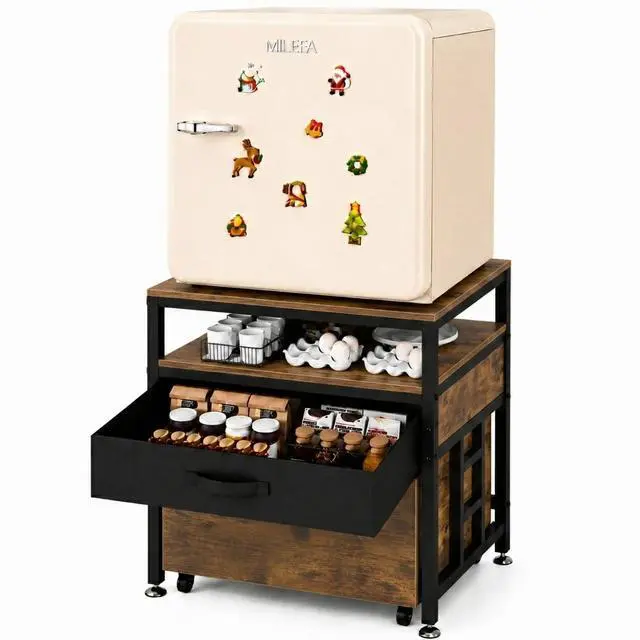 Alt view image 2 of 7 - Mini Fridge Stand with Storage Drawer for Dorm Room, 220 lb Heavy Duty Refrigerator Stand with Power Outlet and Pull-Out Basket, Small Fridge Table for Apartment, office, Kitchen, Retro Brown