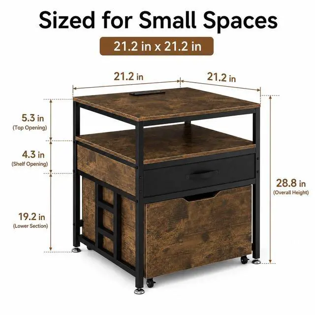 Alt view image 3 of 7 - Mini Fridge Stand with Storage Drawer for Dorm Room, 220 lb Heavy Duty Refrigerator Stand with Power Outlet and Pull-Out Basket, Small Fridge Table for Apartment, office, Kitchen, Retro Brown