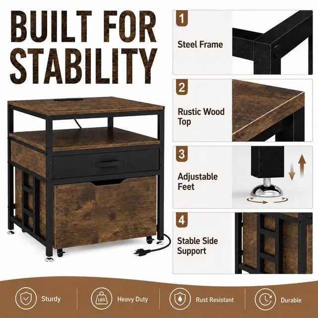 Alt view image 6 of 7 - Mini Fridge Stand with Storage Drawer for Dorm Room, 220 lb Heavy Duty Refrigerator Stand with Power Outlet and Pull-Out Basket, Small Fridge Table for Apartment, office, Kitchen, Retro Brown