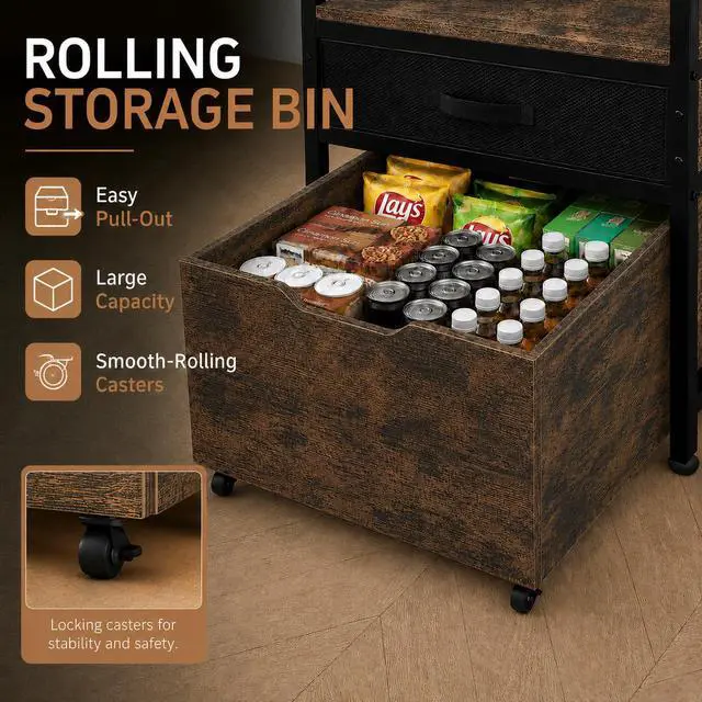 Alt view image 5 of 7 - Mini Fridge Stand with Storage Drawer for Dorm Room, 220 lb Heavy Duty Refrigerator Stand with Power Outlet and Pull-Out Basket, Small Fridge Table for Apartment, office, Kitchen, Retro Brown