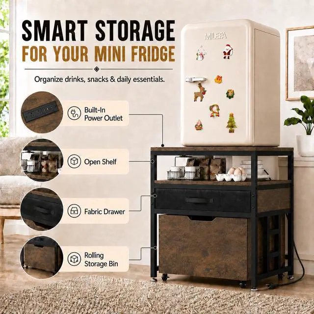 Alt view image 4 of 7 - Mini Fridge Stand with Storage Drawer for Dorm Room, 220 lb Heavy Duty Refrigerator Stand with Power Outlet and Pull-Out Basket, Small Fridge Table for Apartment, office, Kitchen, Retro Brown