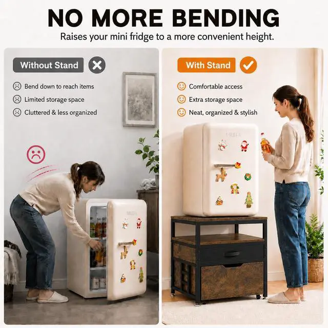 Alt view image 7 of 7 - Mini Fridge Stand with Storage Drawer for Dorm Room, 220 lb Heavy Duty Refrigerator Stand with Power Outlet and Pull-Out Basket, Small Fridge Table for Apartment, office, Kitchen, Retro Brown