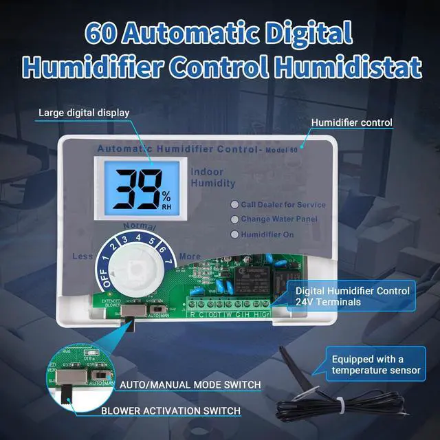 Alt view image 3 of 6 - 60 Humidifier Control Humidistat compatible with AprilAire 400 500 600 700 | Whole Home Dehumidifiers Replacement for AprilAire 60, 24VAC Digital Wall Mount, Water Treatment Systems