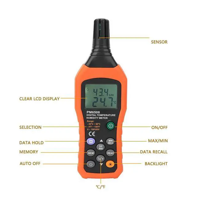Alt view image 2 of 7 - Digital Humidity and Temperature Meter MS6508 Handheld Portable Thermometer Humidity Gauge Meter Monitor with Dew Point and Wet Bulb Backlight LCD Display for Daily Life Industry Agriculture