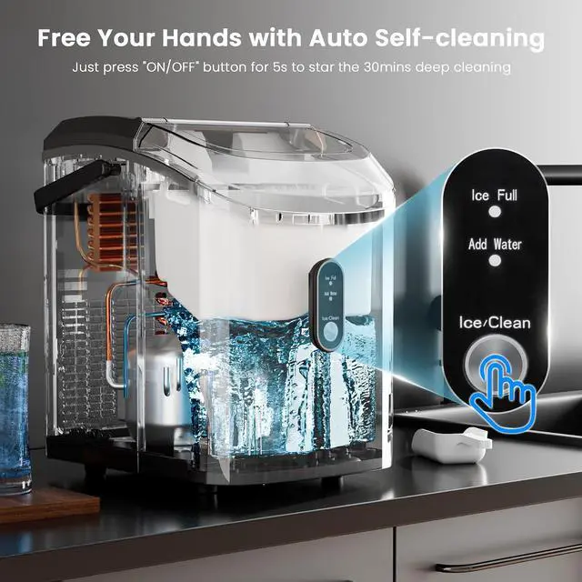Alt view image 6 of 7 - Soft Chewable Nugget Ice Maker, 35Lbs/24Hrs, Self-Cleaning Countertop Pebble Ice Machine with Basket & Scoop for Home, Bar, or Entertaining,Black