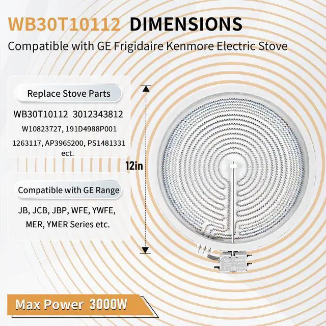 Alt view image 4 of 7 - Upgraded W10823727 3012343812 WB30T10112 12" Dual Radiant Surface Element Compatible with Whirlpool Kitchen-Aid GE Range, 3000/1950W Dual Haliant Surface Element Fit for Electric Stove