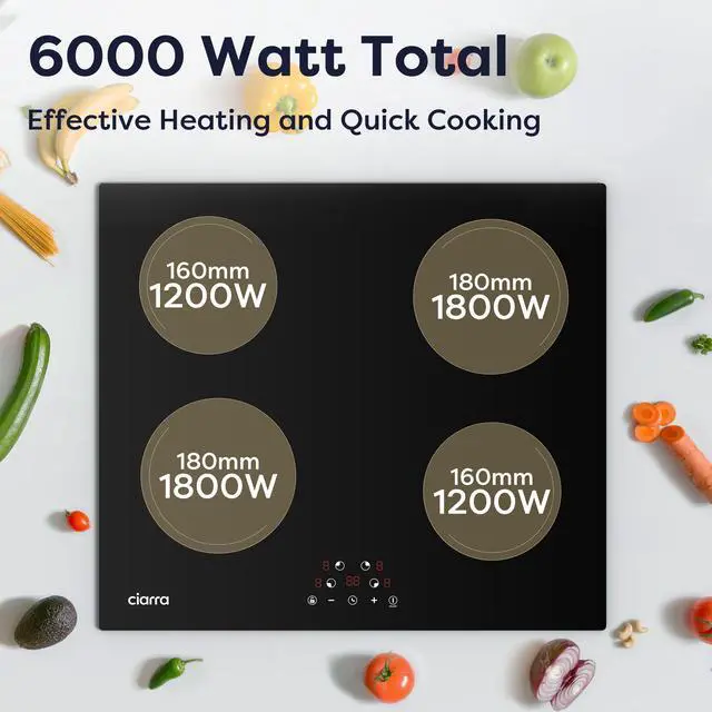Alt view image 2 of 7 - 24 Inch Induction Cooktop 4 Burners 6000W | Built-in Induction Cooktop 220-240V, Touch Control 9 Power Levels & 99min Timer, Child Lock, Residual Heat Warning