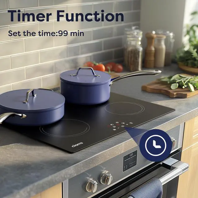 Alt view image 4 of 7 - 24 Inch Induction Cooktop 4 Burners 6000W | Built-in Induction Cooktop 220-240V, Touch Control 9 Power Levels & 99min Timer, Child Lock, Residual Heat Warning