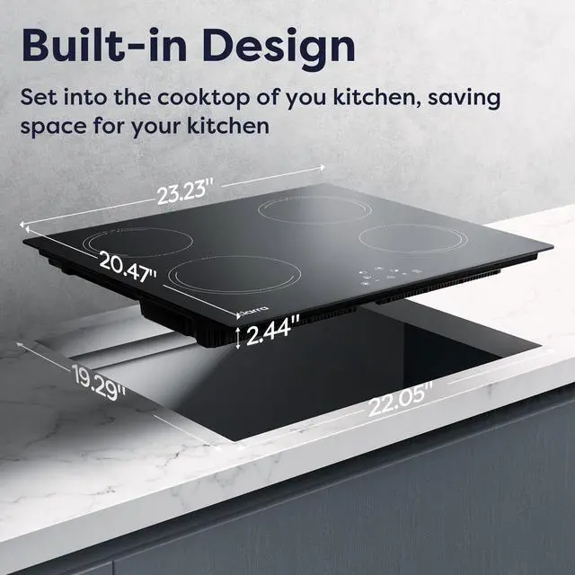 Alt view image 5 of 7 - 24 Inch Induction Cooktop 4 Burners 6000W | Built-in Induction Cooktop 220-240V, Touch Control 9 Power Levels & 99min Timer, Child Lock, Residual Heat Warning