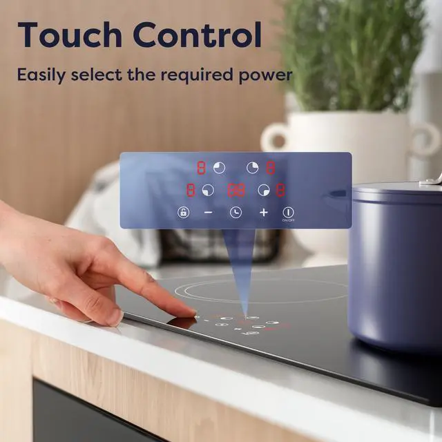 Alt view image 3 of 7 - 24 Inch Induction Cooktop 4 Burners 6000W | Built-in Induction Cooktop 220-240V, Touch Control 9 Power Levels & 99min Timer, Child Lock, Residual Heat Warning