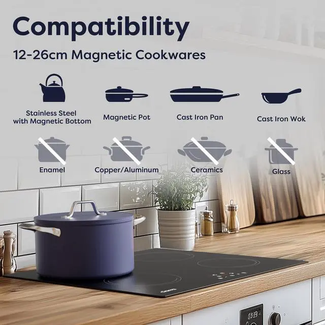 Alt view image 6 of 7 - 24 Inch Induction Cooktop 4 Burners 6000W | Built-in Induction Cooktop 220-240V, Touch Control 9 Power Levels & 99min Timer, Child Lock, Residual Heat Warning