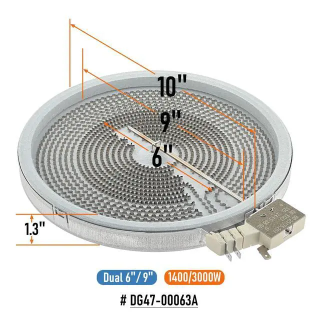 Alt view image 3 of 6 - DG47-00063A Range Dual Radiant Surface Element Heater 6/9 Inch, 3000W/1400W OEM Replacement Parts for Samsung, Replaces DG47-00043A, DG47-00043B, WB30T10116, WB30X38930