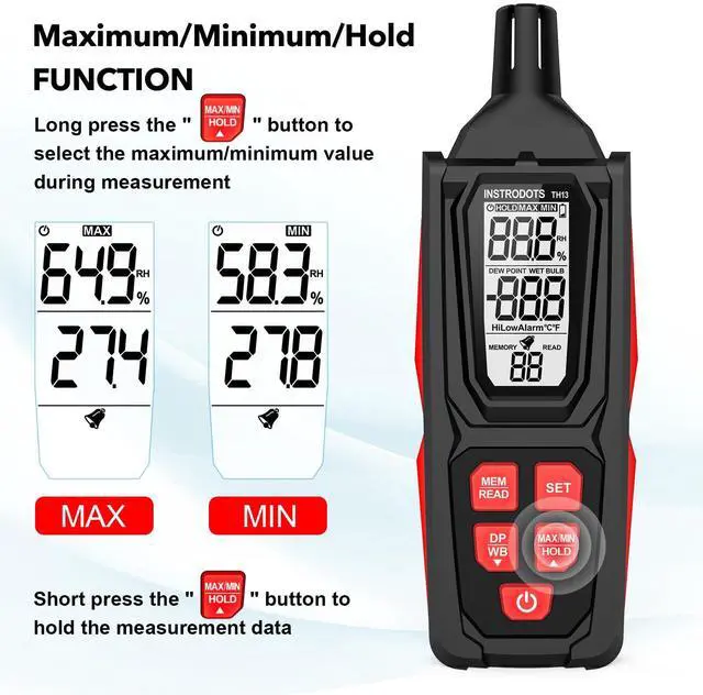 Alt view image 4 of 7 - Temperature Humidity Meter, High Precision Digital Hygrometer Thermometer with Dew Point/Wet Bulb, Indoor Outdoor Monitor, 99 Data Storage, Temp Alarm, Backlight, MAX/MIN, Auto Shutdown