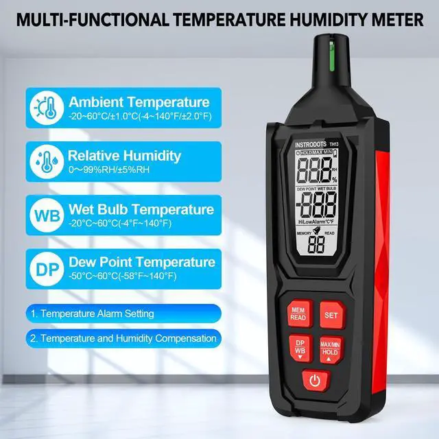 Alt view image 5 of 7 - Temperature Humidity Meter, High Precision Digital Hygrometer Thermometer with Dew Point/Wet Bulb, Indoor Outdoor Monitor, 99 Data Storage, Temp Alarm, Backlight, MAX/MIN, Auto Shutdown
