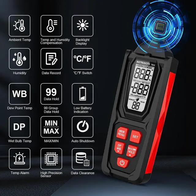 Alt view image 6 of 7 - Temperature Humidity Meter, High Precision Digital Hygrometer Thermometer with Dew Point/Wet Bulb, Indoor Outdoor Monitor, 99 Data Storage, Temp Alarm, Backlight, MAX/MIN, Auto Shutdown