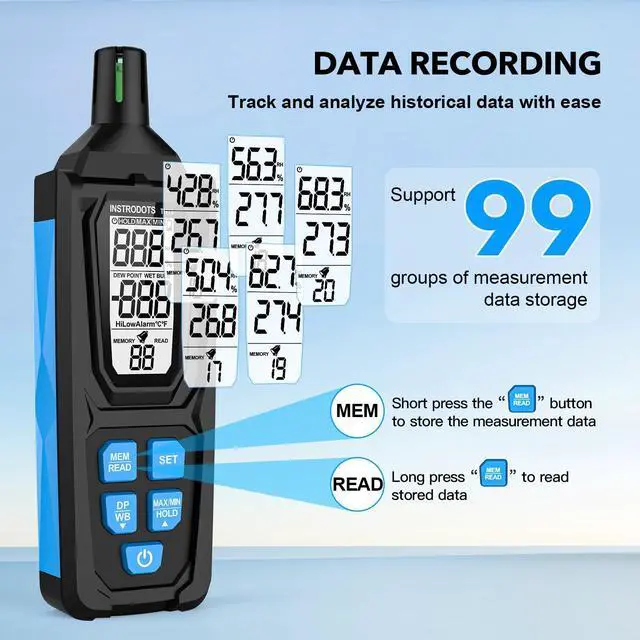Alt view image 3 of 7 - Temperature Humidity Meter, High Precision Digital Psychrometer Hygrometer with Dew Point, Wet Bulb Thermometer for Indoor Outdoor, 99 Data Storage, Temp Alarm, Backlight, MAX/MIN, Auto Shutdown