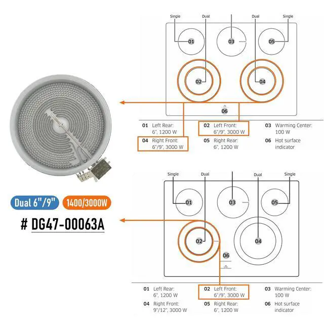 Alt view image 5 of 6 - DG47-00063A Range Dual Radiant Surface Element Heater 6/9 Inch, 3000W/1400W OEM Replacement Parts for Samsung, Replaces DG47-00043A, DG47-00043B, WB30T10116, WB30X38930