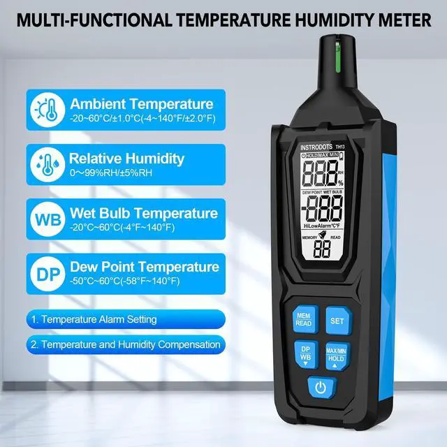 Alt view image 5 of 7 - Temperature Humidity Meter, High Precision Digital Psychrometer Hygrometer with Dew Point, Wet Bulb Thermometer for Indoor Outdoor, 99 Data Storage, Temp Alarm, Backlight, MAX/MIN, Auto Shutdown