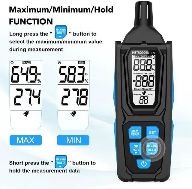 Alt view image 4 of 7 - Temperature Humidity Meter, High Precision Digital Psychrometer Hygrometer with Dew Point, Wet Bulb Thermometer for Indoor Outdoor, 99 Data Storage, Temp Alarm, Backlight, MAX/MIN, Auto Shutdown