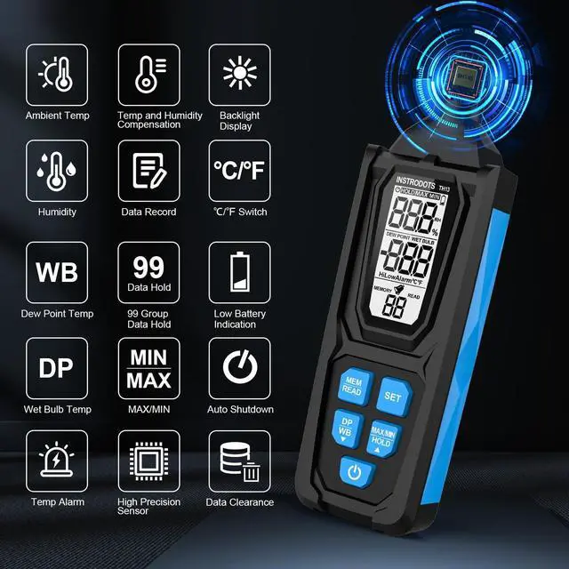 Alt view image 6 of 7 - Temperature Humidity Meter, High Precision Digital Psychrometer Hygrometer with Dew Point, Wet Bulb Thermometer for Indoor Outdoor, 99 Data Storage, Temp Alarm, Backlight, MAX/MIN, Auto Shutdown