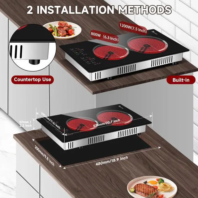 Alt view image 5 of 7 - 2 Burner Electric Cooktop 2000W, Portable Electrical Hot Plate Double Burner, Adjustable Temperature Stove Top, Tabletop Electric Stove