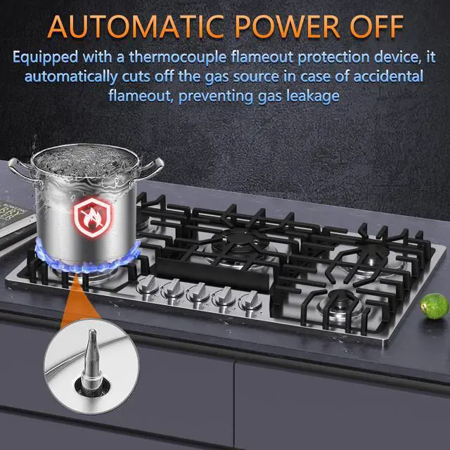 Alt view image 3 of 7 - 36 inch Gas Cooktop, Bulit-in Gas Stove Top with 5 Burner, NG/LPG Convertible Cooktops, 5 Burner Propane Cooktop with Thermocouple Protection, Stainless Steel