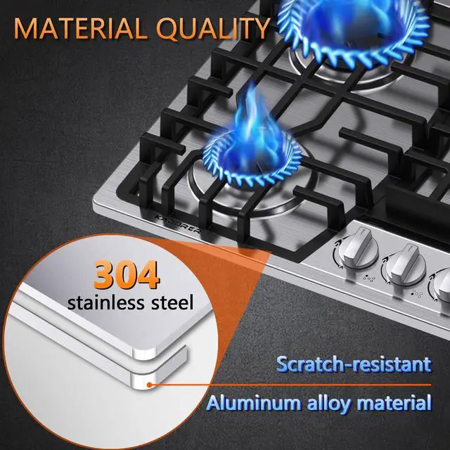 Alt view image 5 of 7 - 36 inch Gas Cooktop, Bulit-in Gas Stove Top with 5 Burner, NG/LPG Convertible Cooktops, 5 Burner Propane Cooktop with Thermocouple Protection, Stainless Steel