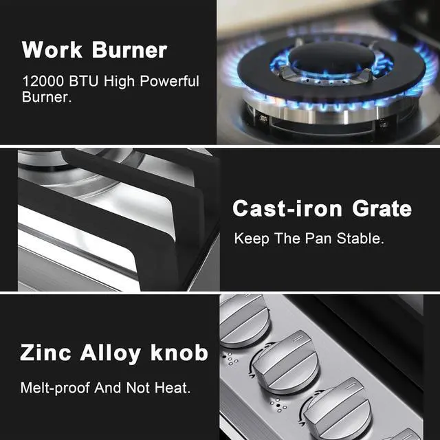 Alt view image 6 of 6 - 36 inch Gas Cooktop with Griddle, Bulit-in Gas Stove Top with 5 Burner, NG/LPG Convertible Cooktops, 5 Burner Propane Cooktop with Thermocouple Protection, Stainless Steel